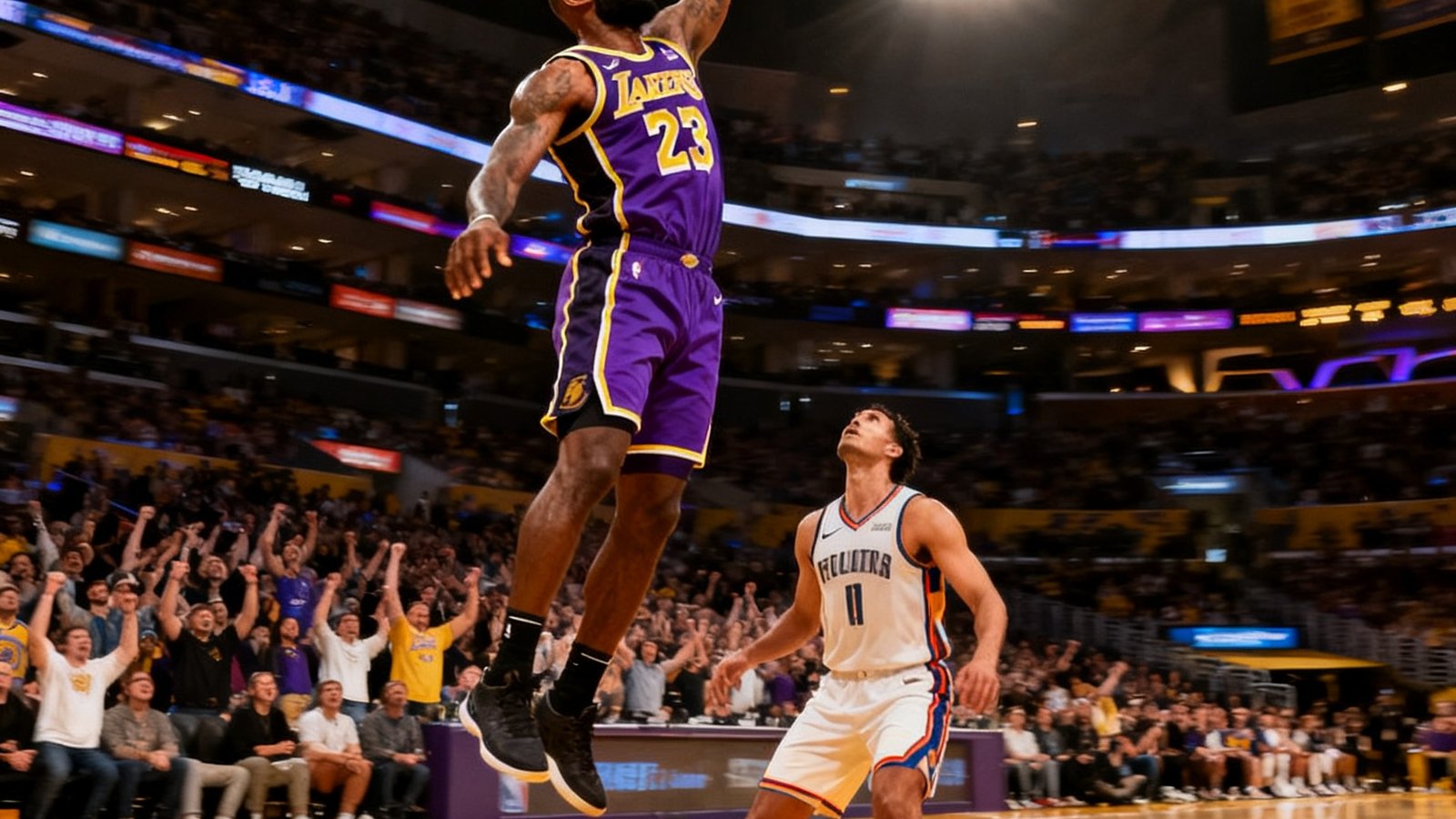 NBA篮球比赛精彩扣篮瞬间，身穿紫金战袍的球员高高跃起完成一记单手劈扣，篮球即将穿过篮筐，防守球员在下方仰望，球馆内聚光灯照亮了硬木地板，观众席爆发出欢呼。